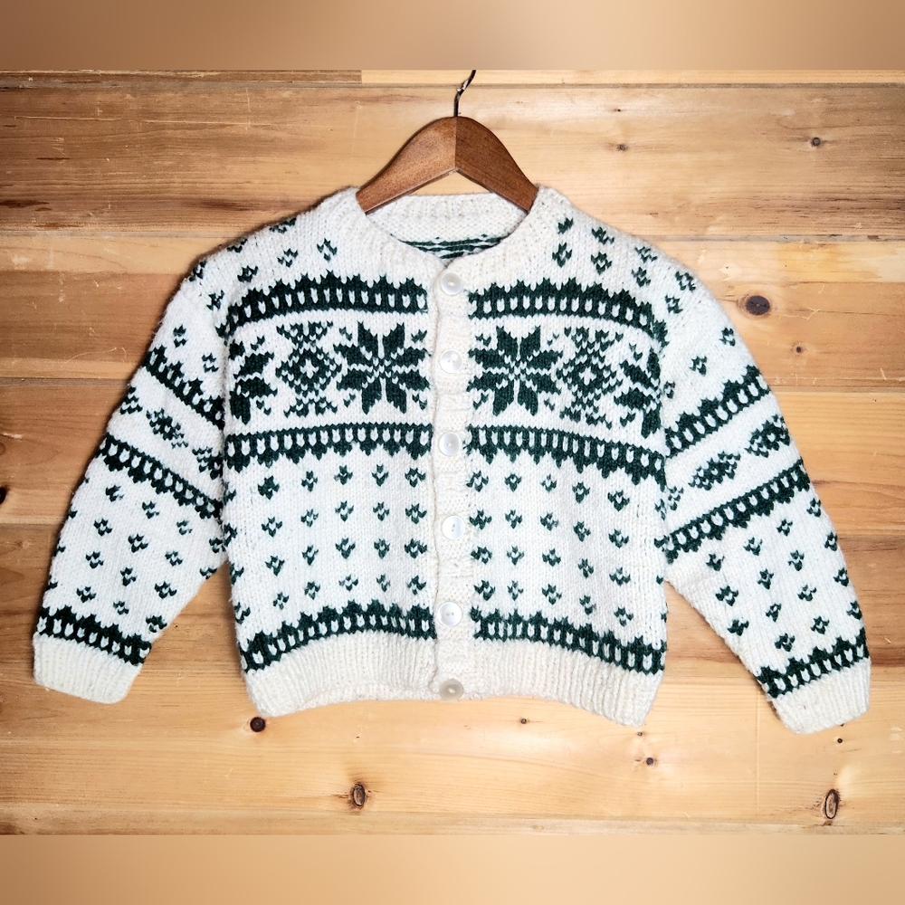 Handmade Nordic Cardigan Sweater Youth Kids 10 Snowflake Ivory Green Button Up